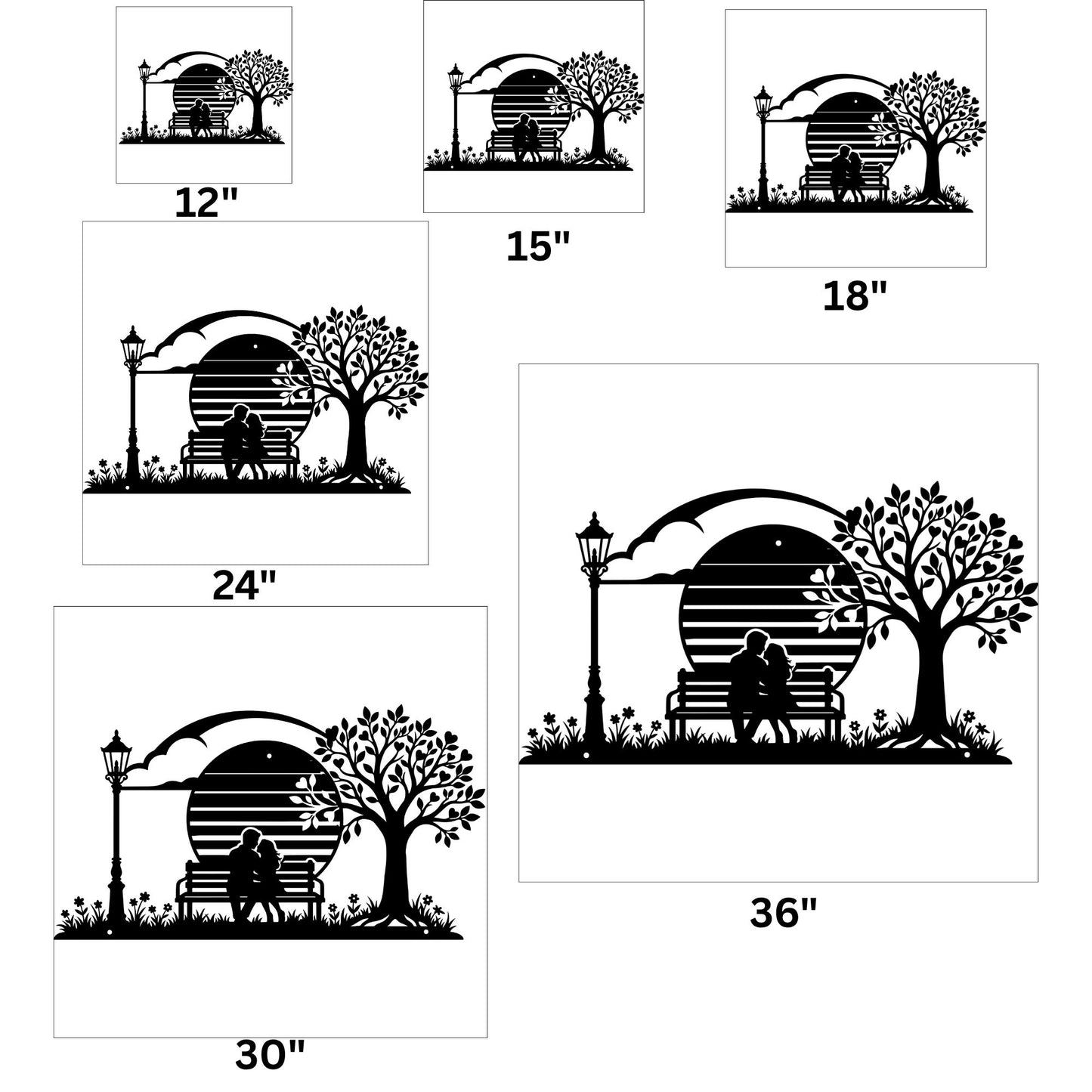 Romantic Couple Sitting on Bench Metal Sign, Steel Wall Decor for Living Room, Wedding Gift, Moon & Street Lamp Heart Tree Art