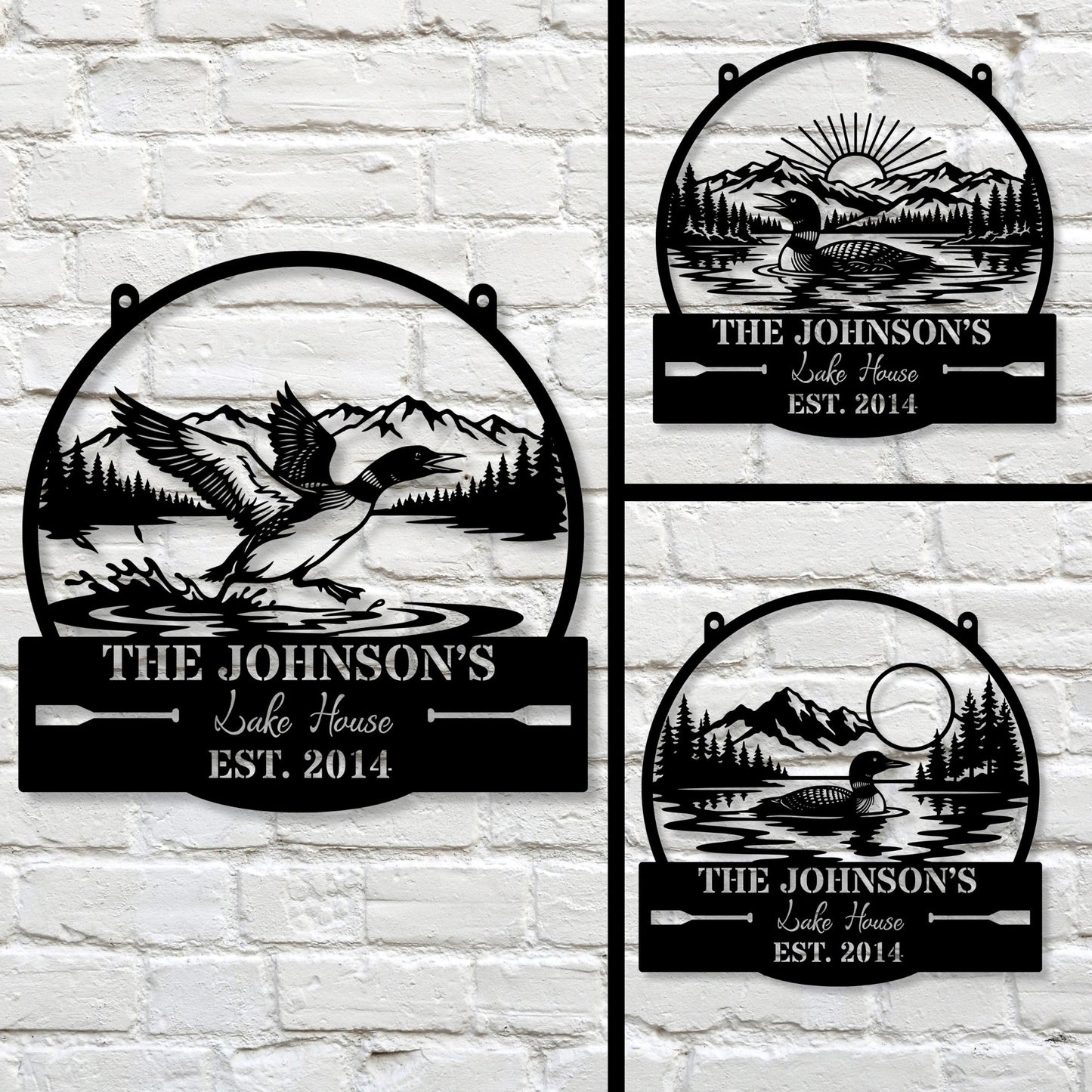 Personalized Loon Swimming Metal Wall Art – Custom Lake House Sign with Mountains & Pine Trees