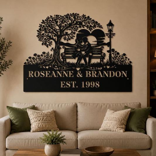 Custom Romantic Couple Metal Sign - Park Bench Tree Silhouette Wall Art - Personalized Wedding & Anniversary Gift