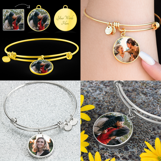 Personalized  Photo Bangle, Custom Charm Bracelet Engravable Bracelet, Picture Circle Charm Bracelet, Daughter Gift for Birthday, Mom's Christmas Gift