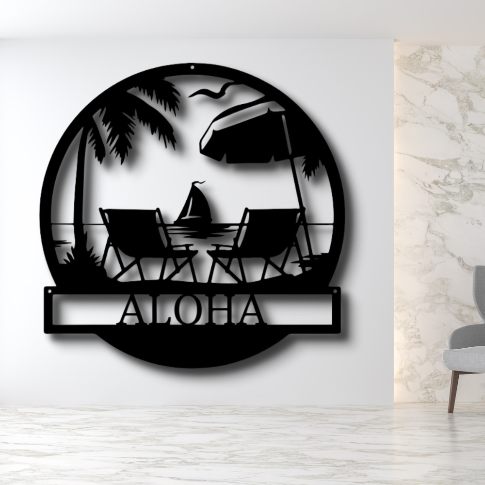 Custom Tropical Paradise Metal Sign, Personalized Paradise Palms Wall Art Decor, Indoor Outdoor Hanging, Tropical Seascape Metal Art Gift.