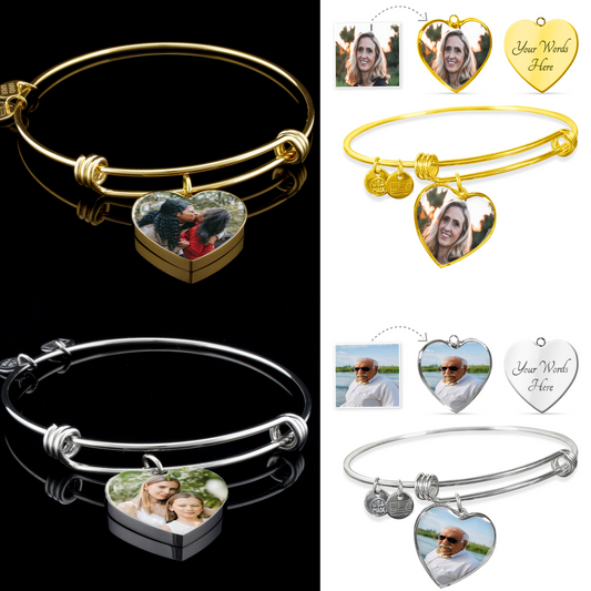 Personalized Heart Photo Bangle, Birthday Gift for Daughter or Niece, Custom Charm Bracelet Engravable Bracelet, Picture Charm Bracelet, Mother's Day Gift or Christmas Gift