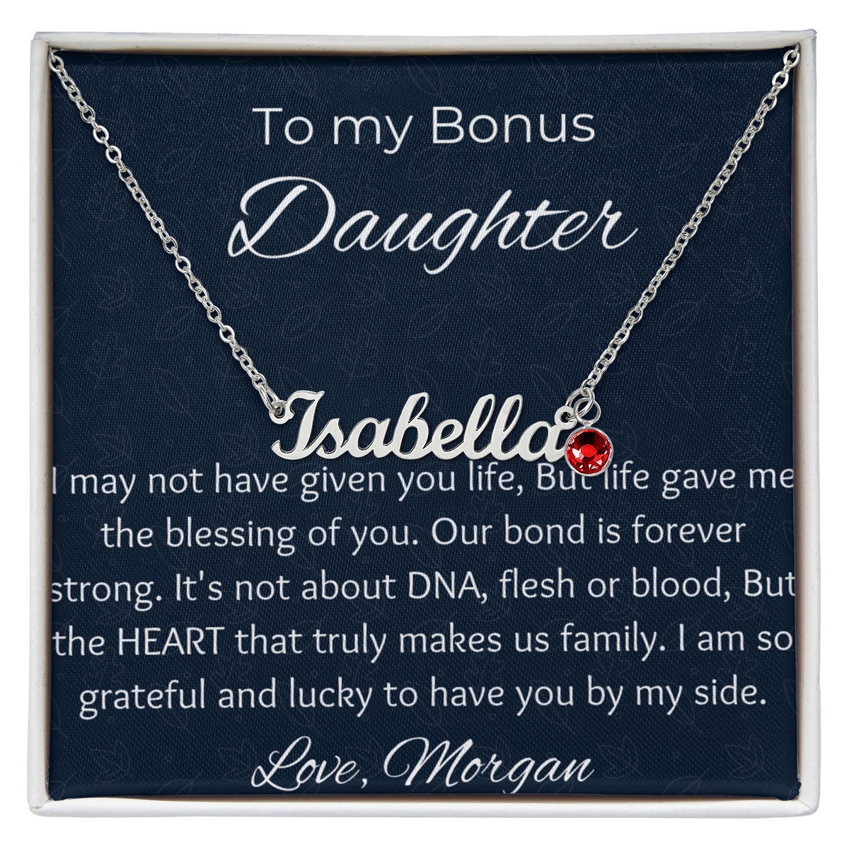 To My Bonus Daughter Personalized Cursive Name Necklace & Birthstone Gift | Custom Stepdaughter Birthday & Graduation Jewelry