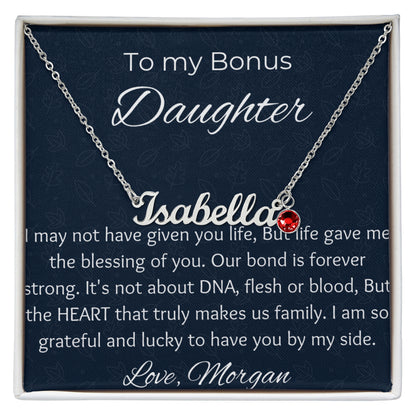 To My Bonus Daughter Personalized Cursive Name Necklace & Birthstone Gift | Custom Stepdaughter Birthday & Graduation Jewelry