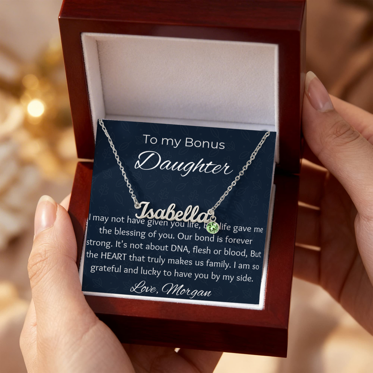 To My Bonus Daughter Personalized Cursive Name Necklace & Birthstone Gift | Custom Stepdaughter Birthday & Graduation Jewelry