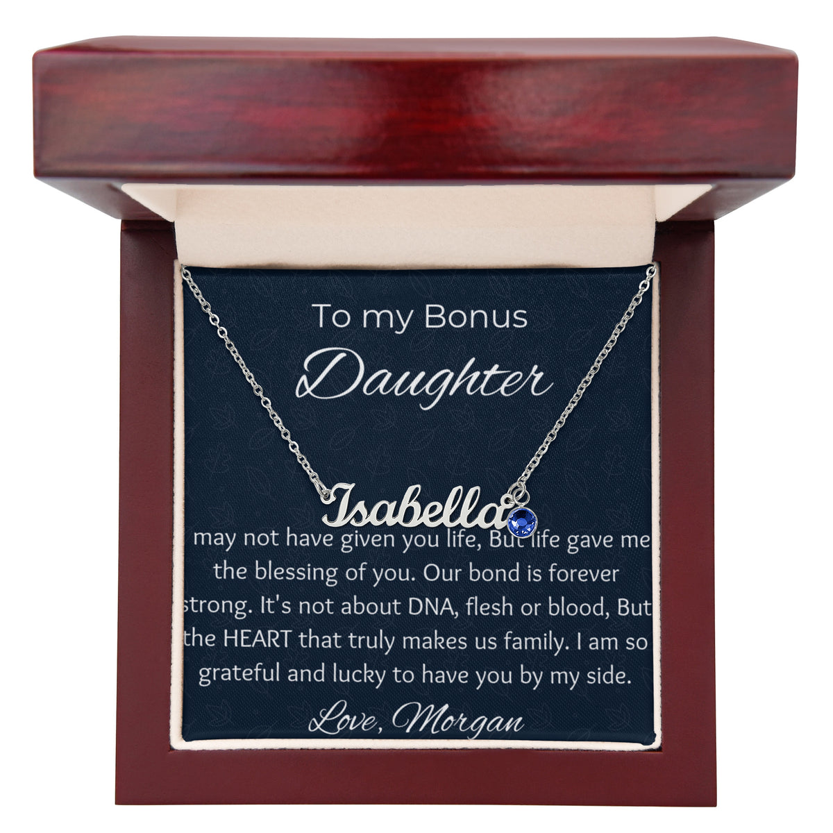 To My Bonus Daughter Personalized Cursive Name Necklace & Birthstone Gift | Custom Stepdaughter Birthday & Graduation Jewelry