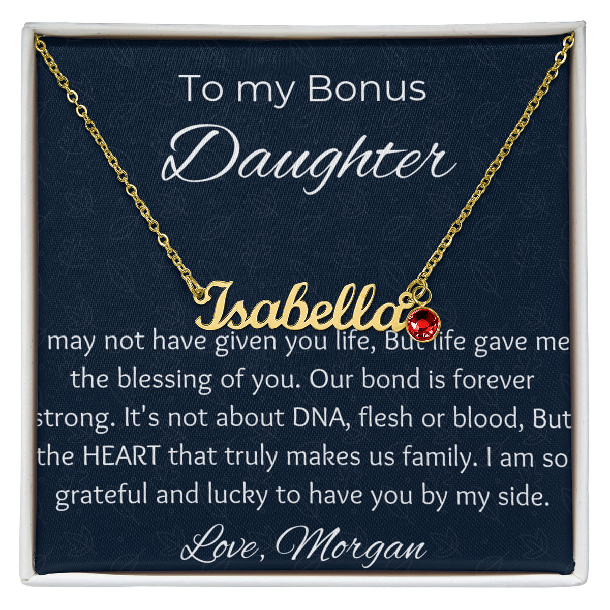 To My Bonus Daughter Personalized Cursive Name Necklace & Birthstone Gift | Custom Stepdaughter Birthday & Graduation Jewelry