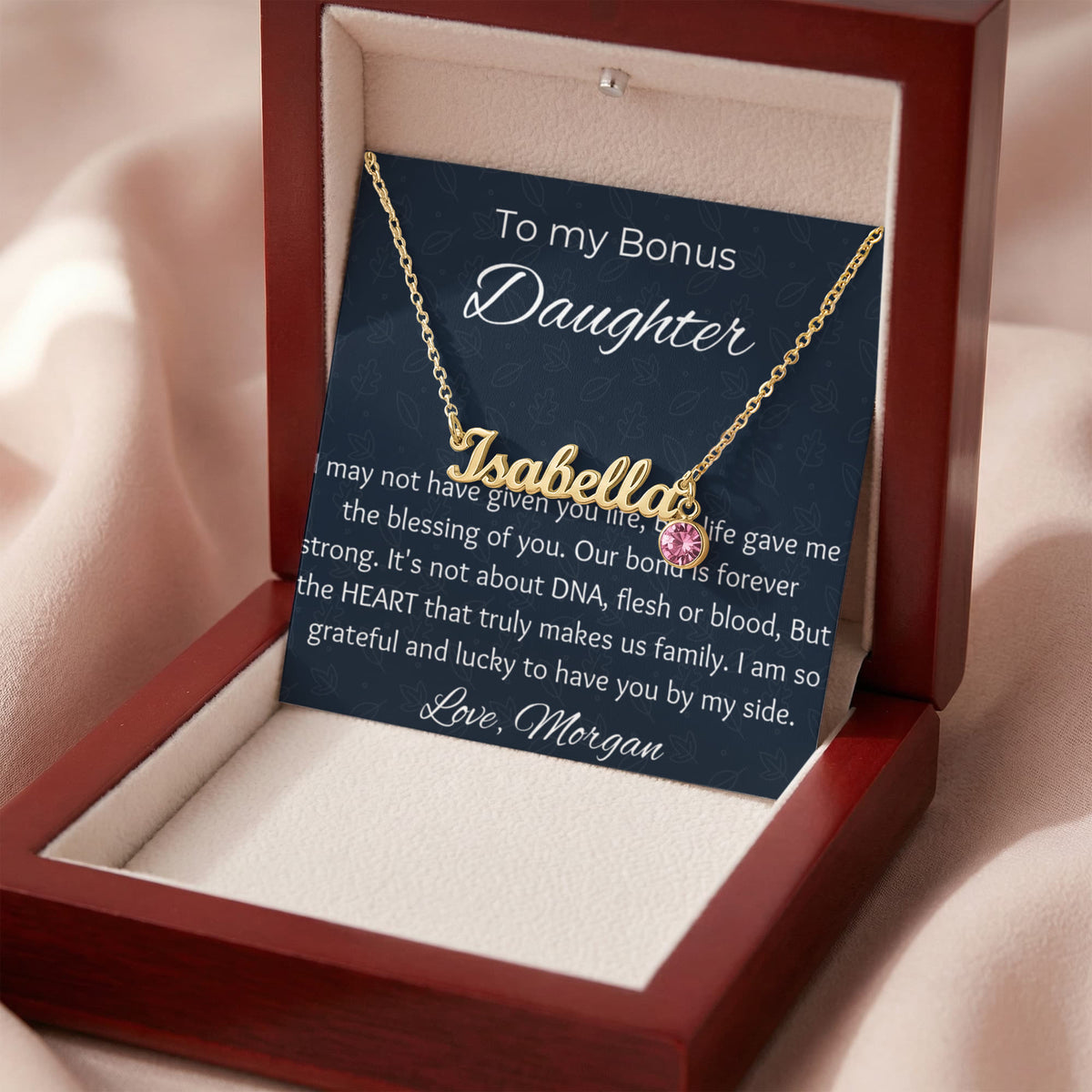 To My Bonus Daughter Personalized Cursive Name Necklace & Birthstone Gift | Custom Stepdaughter Birthday & Graduation Jewelry