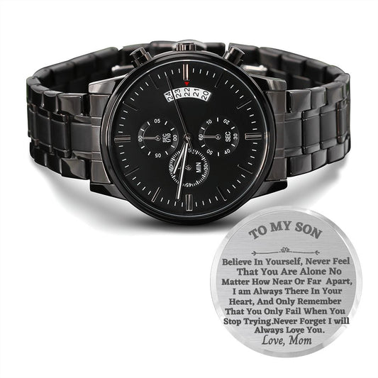 To My Son Black Chronograph Watch, Birthday Gift For Him, Meaningful Gift, Mom To Son Gift
