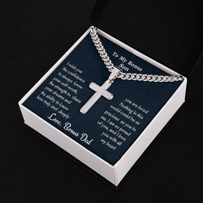 To My Son Personalized Steel Cross Necklace On Cuban Chain, Birthday Gift For Son, Meaningful Gift, Graduation Gift From Bonus Dad, To My Bonus Son.