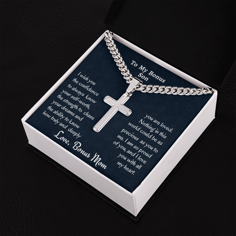 To My Bonus Son Personalized Steel Cross Necklace On Cuban Chain, Birthday Gift For Son, Meaningful Jewelry Gift, Custom Name Gift, Christmas Gift From Bonus Mom.