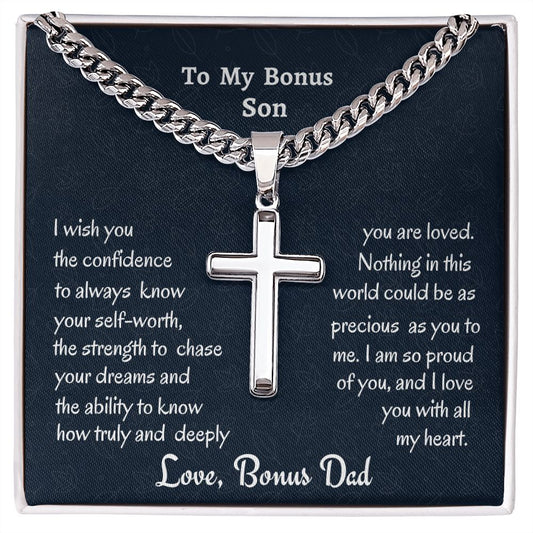 To My Son Personalized Steel Cross Necklace On Cuban Chain, Birthday Gift For Son, Meaningful Gift, Graduation Gift From Bonus Dad, To My Bonus Son.