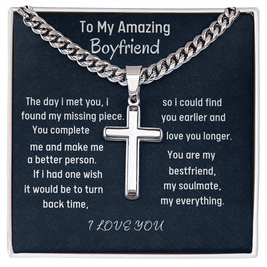 To My Amazing Boyfriend Cuban Chain With Artisan Cross Necklace, Birthday Gift For Him Men Jewelry Gift,  To My Boyfriend Christmas Gift, Romantic Jewelry Gift.