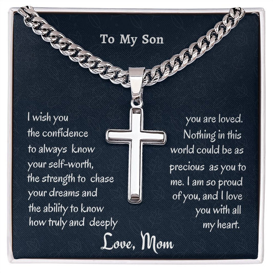 To My Son Personalized Steel Cross Necklace On Cuban Chain, Birthday Gift For Son, Meaningful Gift, Graduation Gift For Him, Christmas Gift From Mom.