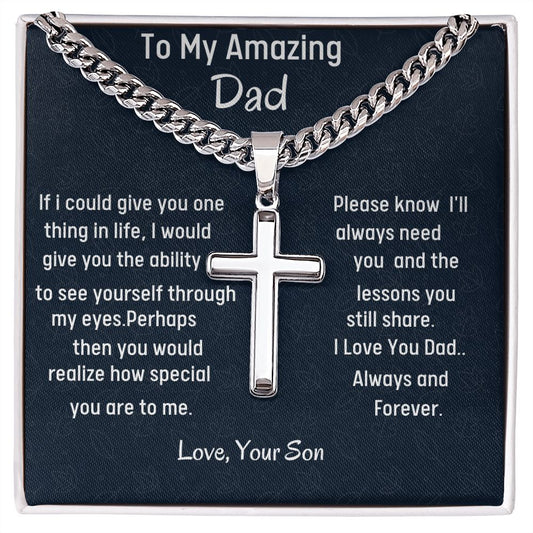 To My Amazing Dad Cuban Chain With Artisan Cross Necklace, Birthday Gift For Dad, Unique Men Jewelry Gift, Son To Father Gift, Christmas Jewelry Gift For Dad.