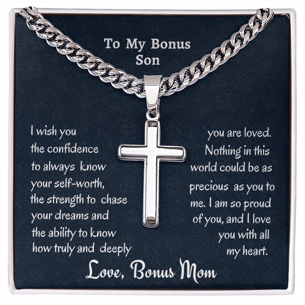 To My Bonus Son Personalized Steel Cross Necklace On Cuban Chain, Birthday Gift For Son, Meaningful Jewelry Gift, Custom Name Gift, Christmas Gift From Bonus Mom.