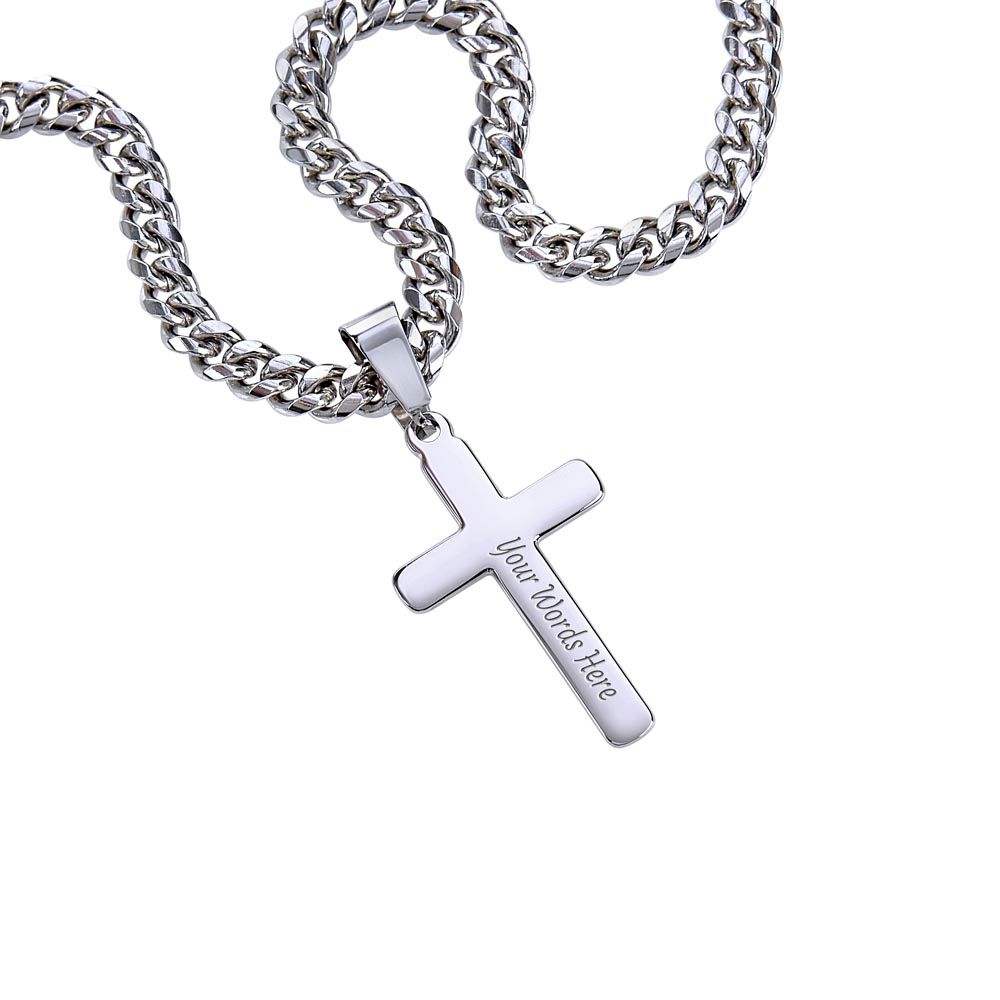 To My Son Personalized Steel Cross Necklace On Cuban Chain, Birthday Gift For Son, Meaningful Gift, Graduation Gift From Bonus Dad, To My Bonus Son.