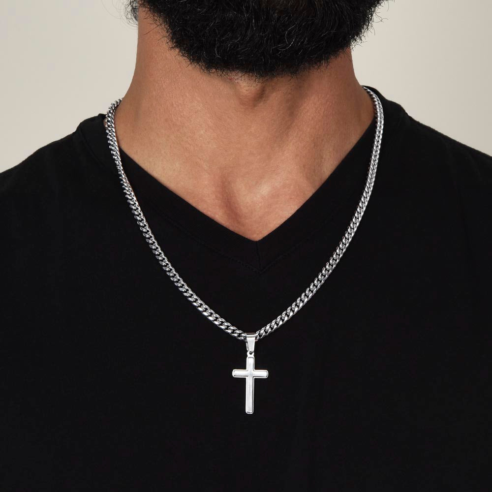 To My Bonus Son Personalized Steel Cross Necklace On Cuban Chain, Birthday Gift For Son, Meaningful Jewelry Gift, Custom Name Gift, Christmas Gift From Bonus Mom.