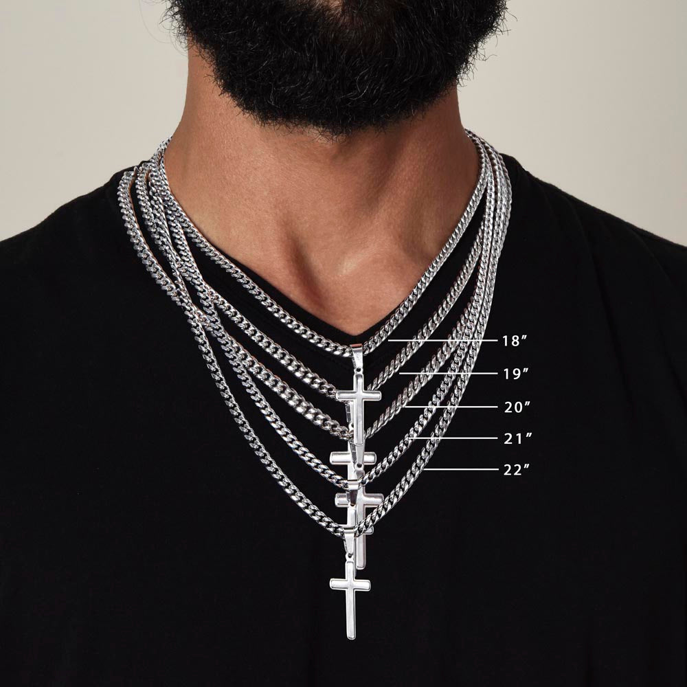 To My Son Personalized Steel Cross Necklace On Cuban Chain, Birthday Gift For Son, Meaningful Gift, Graduation Gift From Bonus Dad, To My Bonus Son.