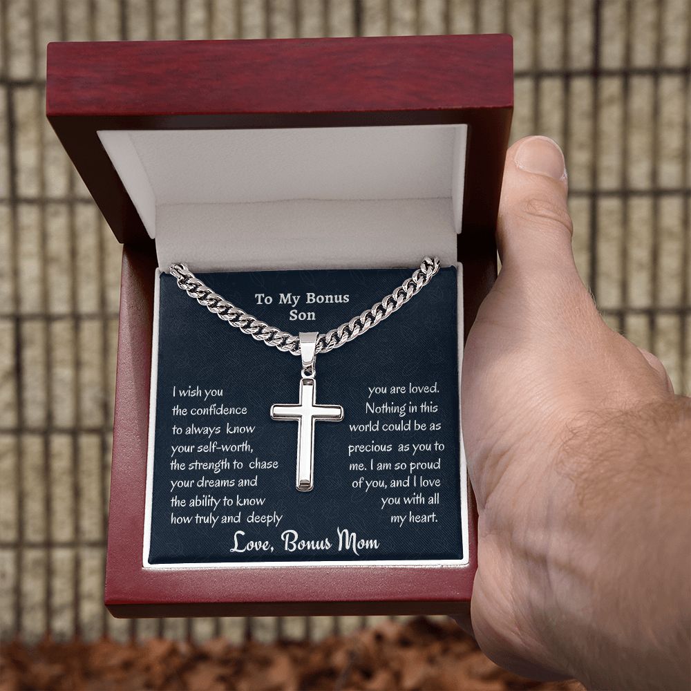 To My Bonus Son Personalized Steel Cross Necklace On Cuban Chain, Birthday Gift For Son, Meaningful Jewelry Gift, Custom Name Gift, Christmas Gift From Bonus Mom.