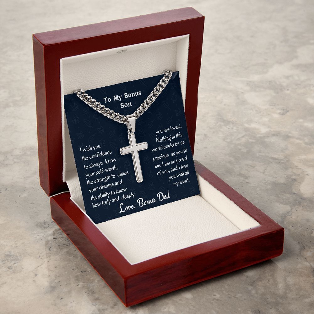 To My Son Personalized Steel Cross Necklace On Cuban Chain, Birthday Gift For Son, Meaningful Gift, Graduation Gift From Bonus Dad, To My Bonus Son.