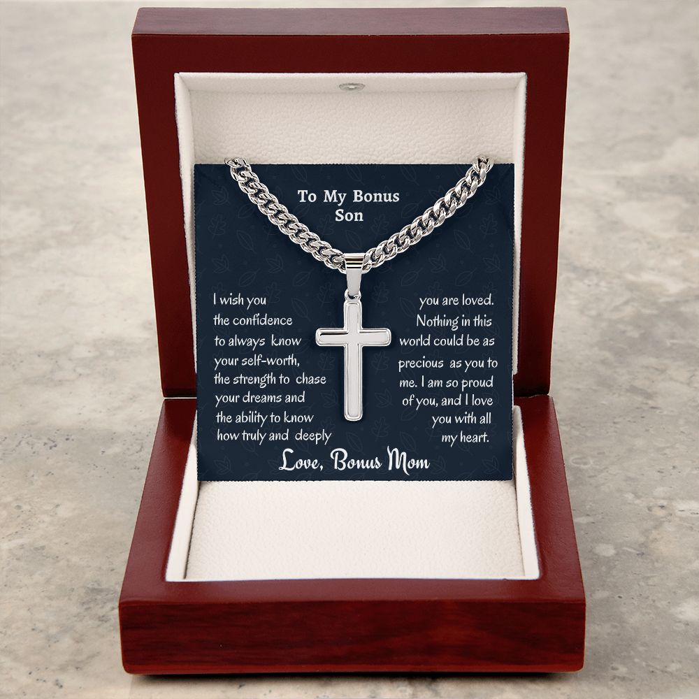 To My Bonus Son Personalized Steel Cross Necklace On Cuban Chain, Birthday Gift For Son, Meaningful Jewelry Gift, Custom Name Gift, Christmas Gift From Bonus Mom.