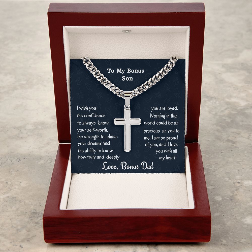 To My Son Personalized Steel Cross Necklace On Cuban Chain, Birthday Gift For Son, Meaningful Gift, Graduation Gift From Bonus Dad, To My Bonus Son.