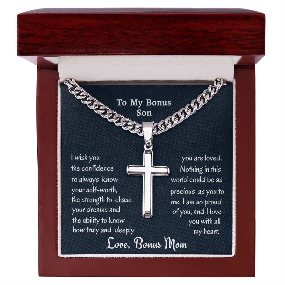 To My Bonus Son Personalized Steel Cross Necklace On Cuban Chain, Birthday Gift For Son, Meaningful Jewelry Gift, Custom Name Gift, Christmas Gift From Bonus Mom.