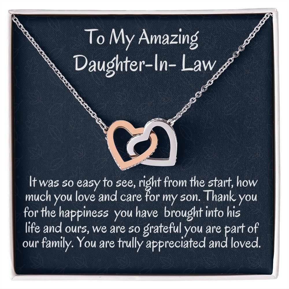 To My Amazing Daughter In -Law Interlocking Hearts Necklace, Birthday Gift For Her , Wedding Gift For My Daughter- In-Love ,Unique Jewelry Gift