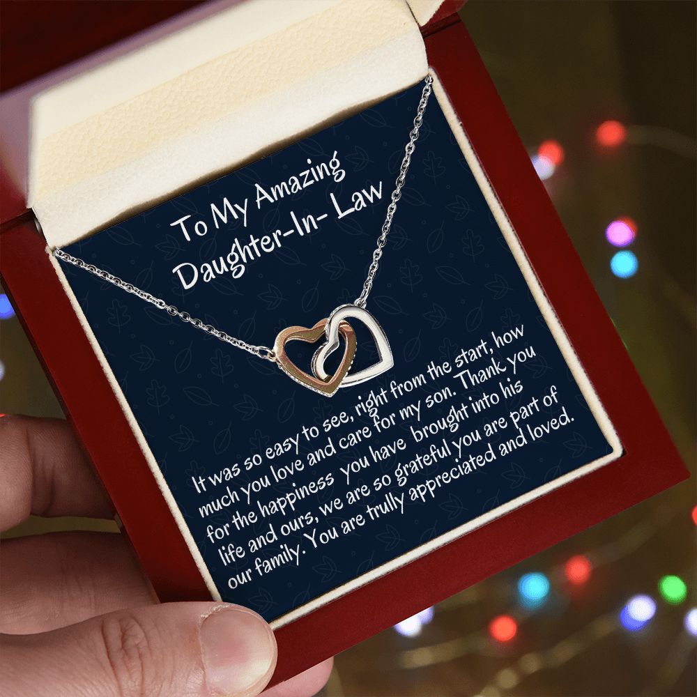 To My Amazing Daughter In -Law Interlocking Hearts Necklace, Birthday Gift For Her , Wedding Gift For My Daughter- In-Love ,Unique Jewelry Gift