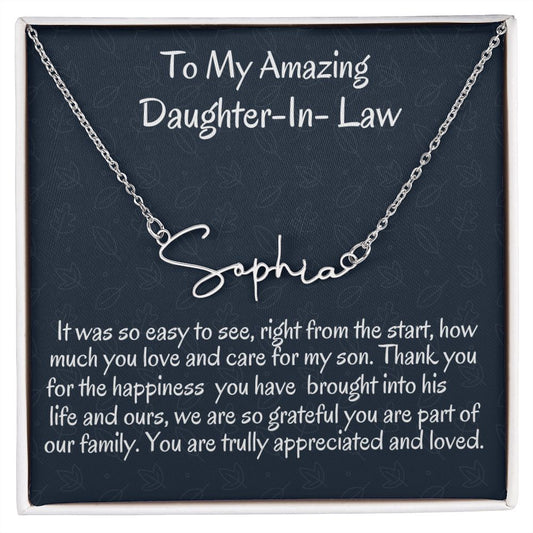 To My Amazing Daughter In Law Signature Style Necklace, Wedding Day Gift, Birthday Jewelry Gift For My Daughter-In-Love, Christmas Gift For Daughter-In-Law, Appreciation Gift.