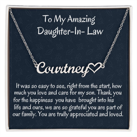 To My Amazing Daughter In Law Heart Name Necklace, Wedding Day Gift, Birthday Jewelry Gift For My Daughter In Love, Christmas Gift For Her, Appreciation Gift.