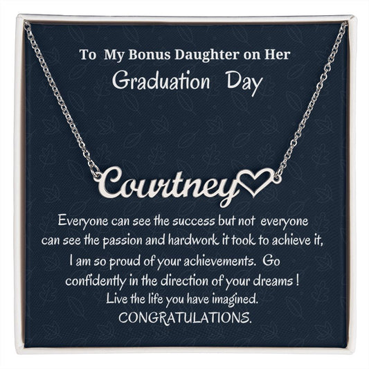 To My Bonus Daughter On Her Graduation Day Heart  Name Necklace, Graduation Gift For Bonus Daughter, Birthday Gift For Her, Gift From Bonus Mom.