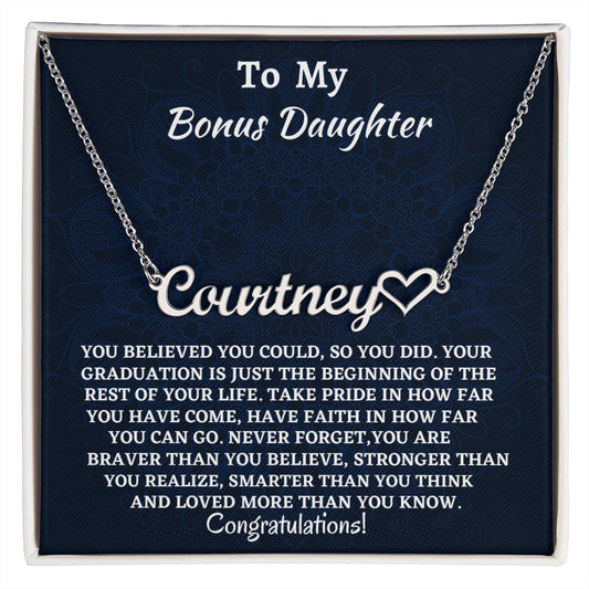 To My Bonus Daughter Heart Name Necklace, Graduation Jewelry Gift For My Bonus Daughter, Birthday Gift For Her, Congratulations Gift From Bonus Mom.