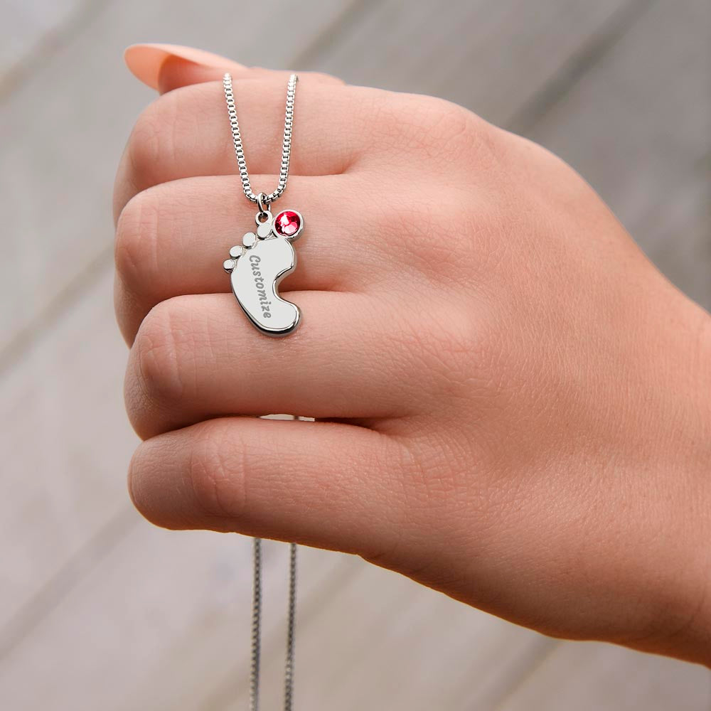 Personalized Baby Feet Necklace With Birthstone, Custom Baby New Born Necklace, New Born Month  Jewelry For Mom
