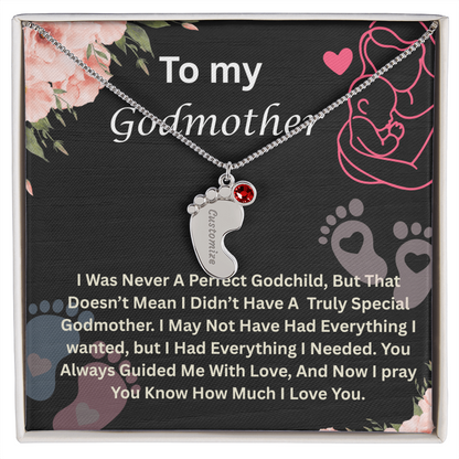To My Godmother Engraved Baby Feet Necklace, Birthstone Necklace With Custom Name Jewelry, Gift For Grandmother.