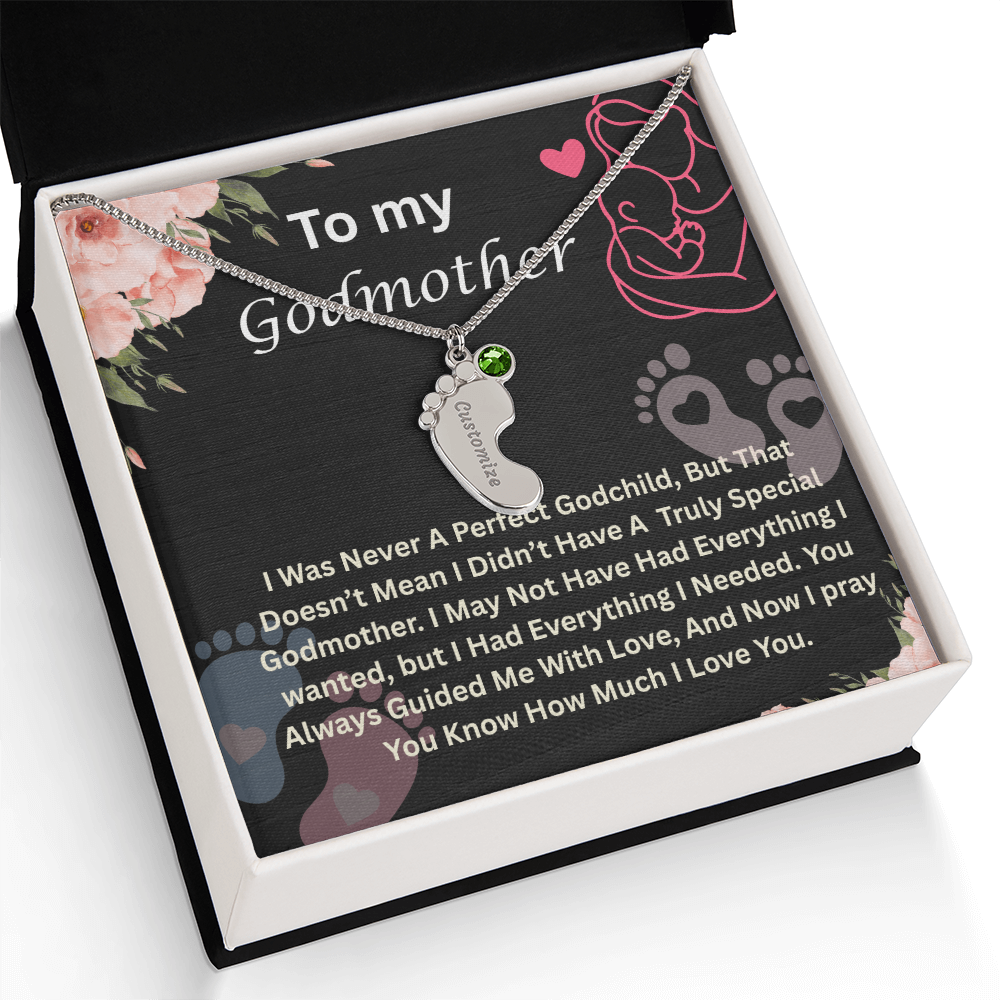 To My Godmother Engraved Baby Feet Necklace, Birthstone Necklace With Custom Name Jewelry, Gift For Grandmother.