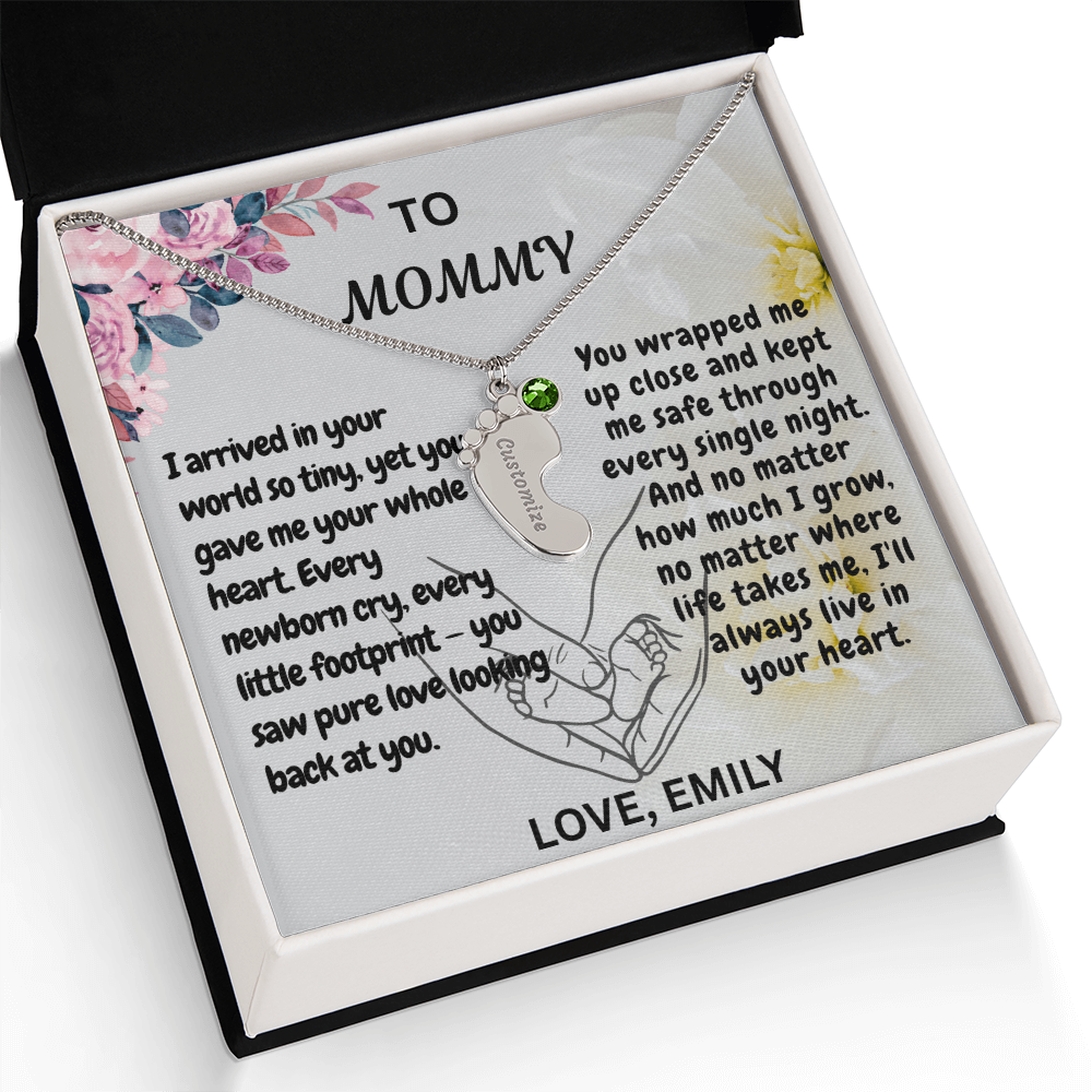Personalized Engraved  Birthstone Necklace, Mom Birthday Keepsake,4 Pendants Max, Baby Feet With Names Necklace.