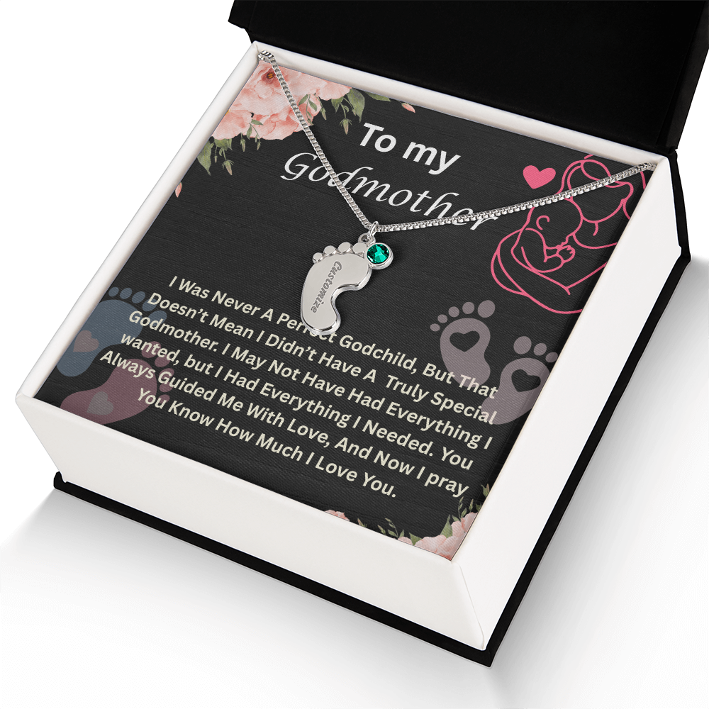 To My Godmother Engraved Baby Feet Necklace, Birthstone Necklace With Custom Name Jewelry, Gift For Grandmother.