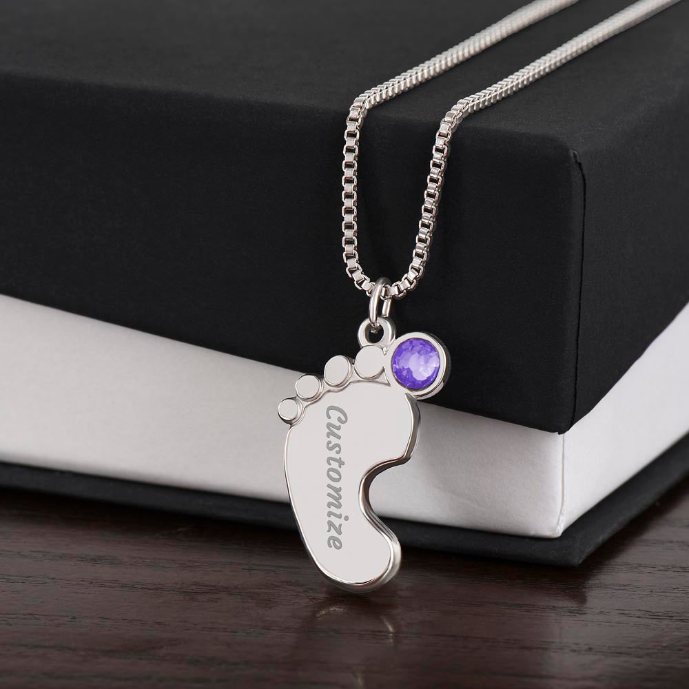 To My Godmother Engraved Baby Feet Necklace, Birthstone Necklace With Custom Name Jewelry, Gift For Grandmother.