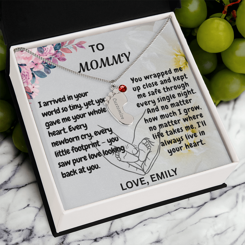 Personalized Engraved  Birthstone Necklace, Mom Birthday Keepsake,4 Pendants Max, Baby Feet With Names Necklace.