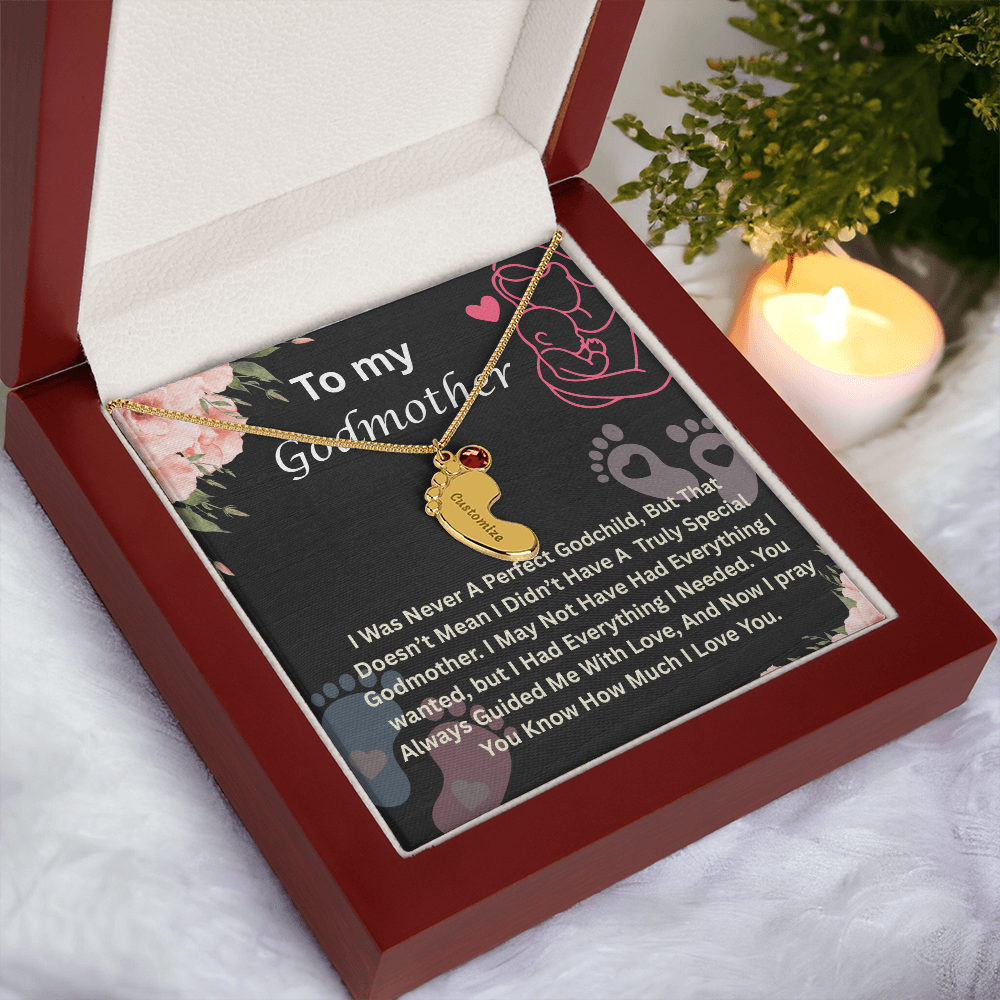 To My Godmother Engraved Baby Feet Necklace, Birthstone Necklace With Custom Name Jewelry, Gift For Grandmother.