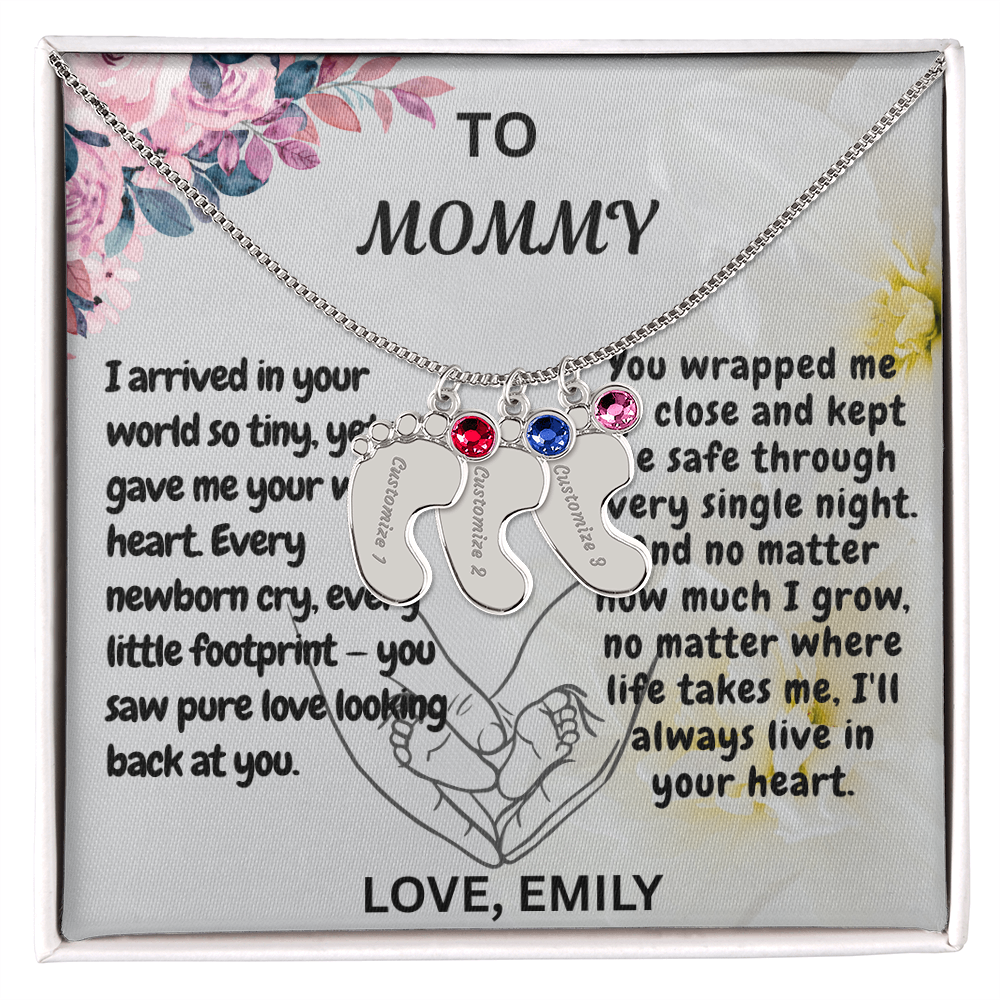 Personalized Engraved  Birthstone Necklace, Mom Birthday Keepsake,4 Pendants Max, Baby Feet With Names Necklace.