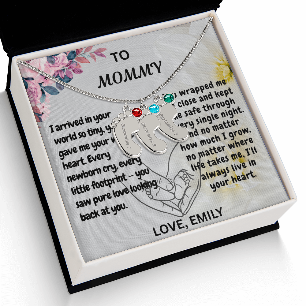 Personalized Engraved  Birthstone Necklace, Mom Birthday Keepsake,4 Pendants Max, Baby Feet With Names Necklace.