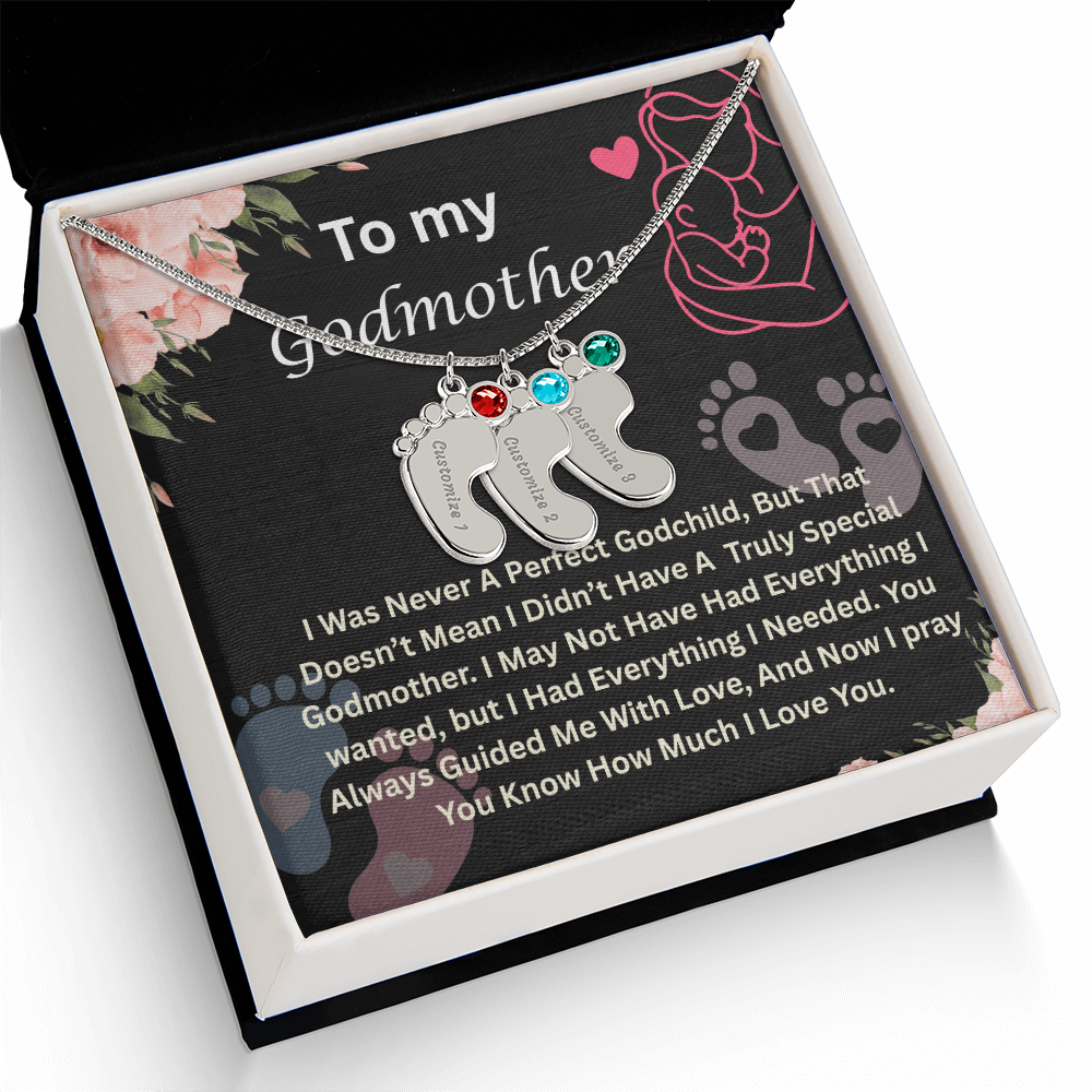To My Godmother Engraved Baby Feet Necklace, Birthstone Necklace With Custom Name Jewelry, Gift For Grandmother.