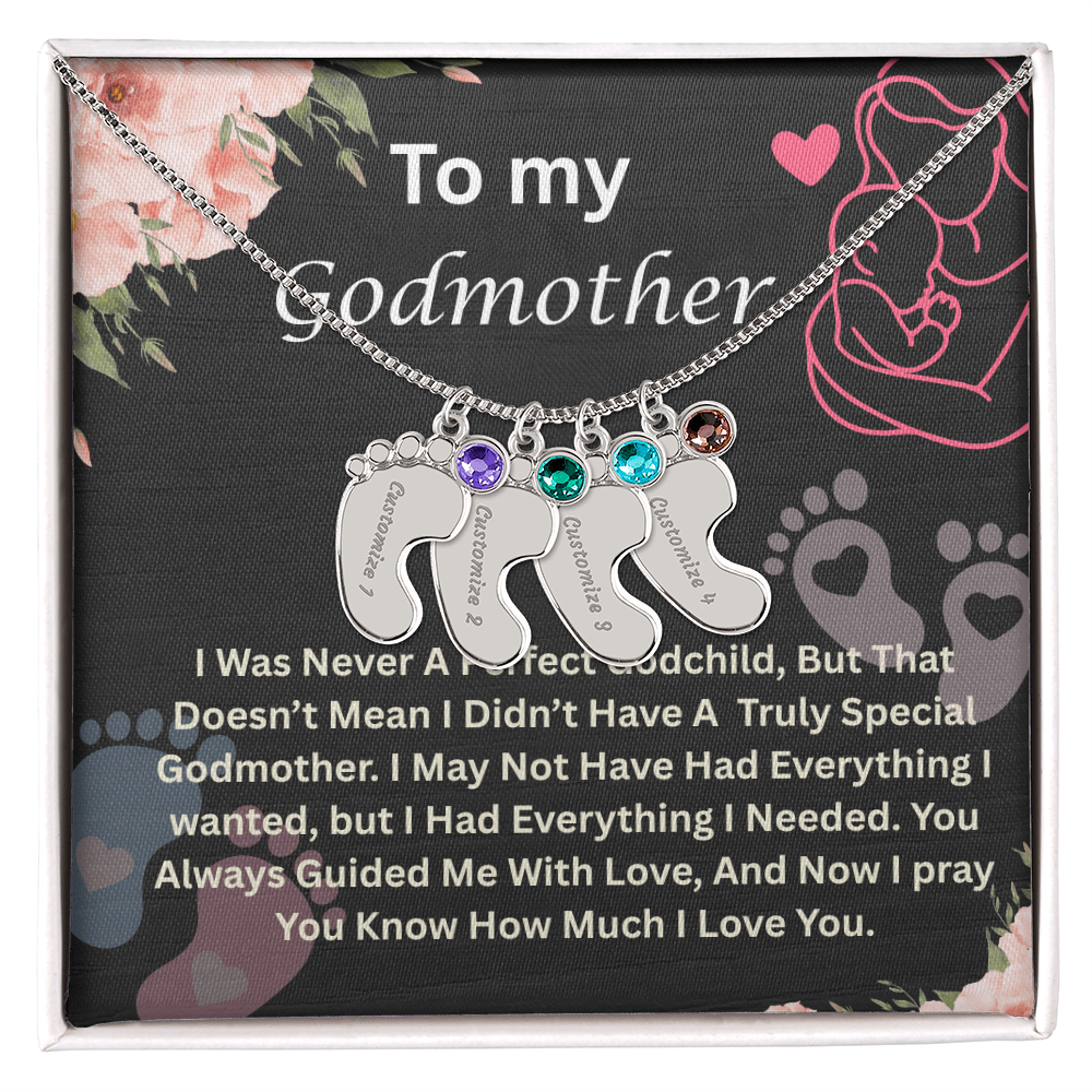 To My Godmother Engraved Baby Feet Necklace, Birthstone Necklace With Custom Name Jewelry, Gift For Grandmother.