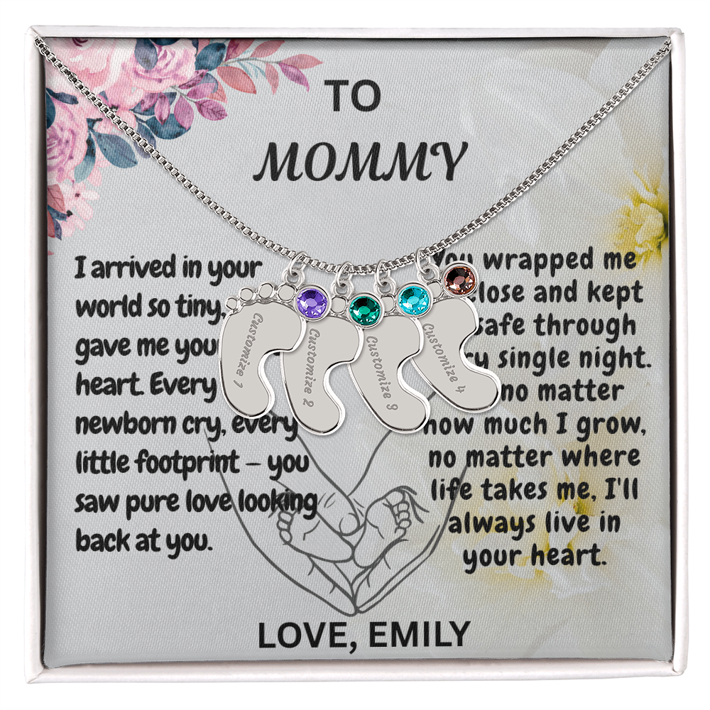 Personalized Engraved  Birthstone Necklace, Mom Birthday Keepsake,4 Pendants Max, Baby Feet With Names Necklace.