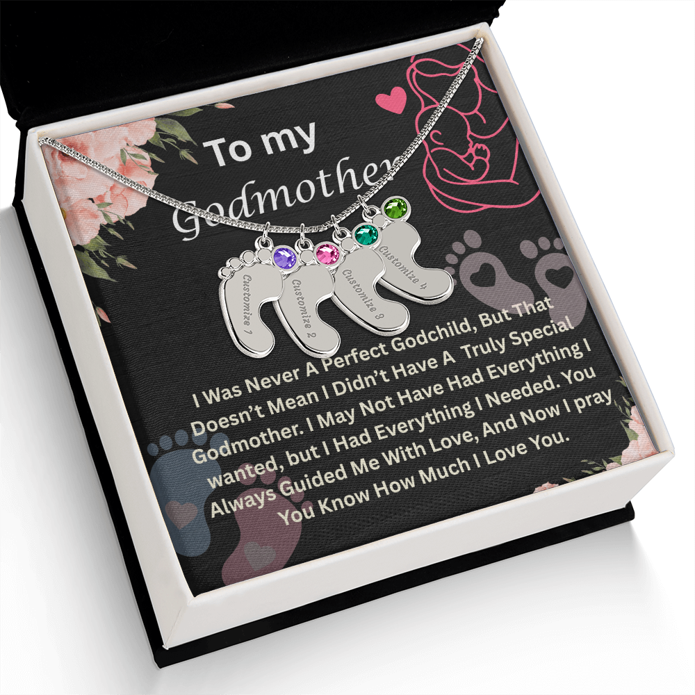 To My Godmother Engraved Baby Feet Necklace, Birthstone Necklace With Custom Name Jewelry, Gift For Grandmother.