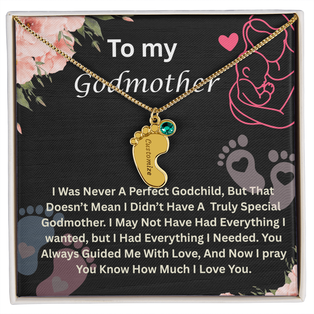 To My Godmother Engraved Baby Feet Necklace, Birthstone Necklace With Custom Name Jewelry, Gift For Grandmother.