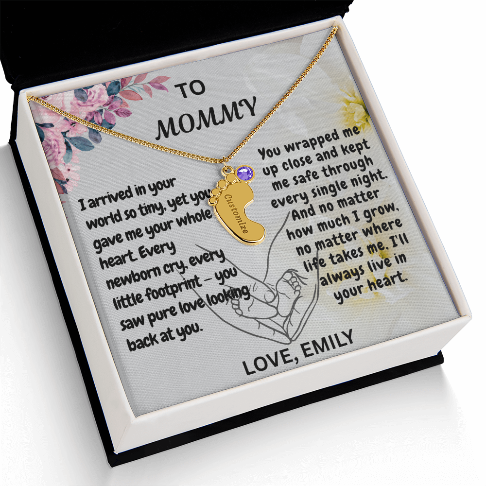 Personalized Engraved  Birthstone Necklace, Mom Birthday Keepsake,4 Pendants Max, Baby Feet With Names Necklace.